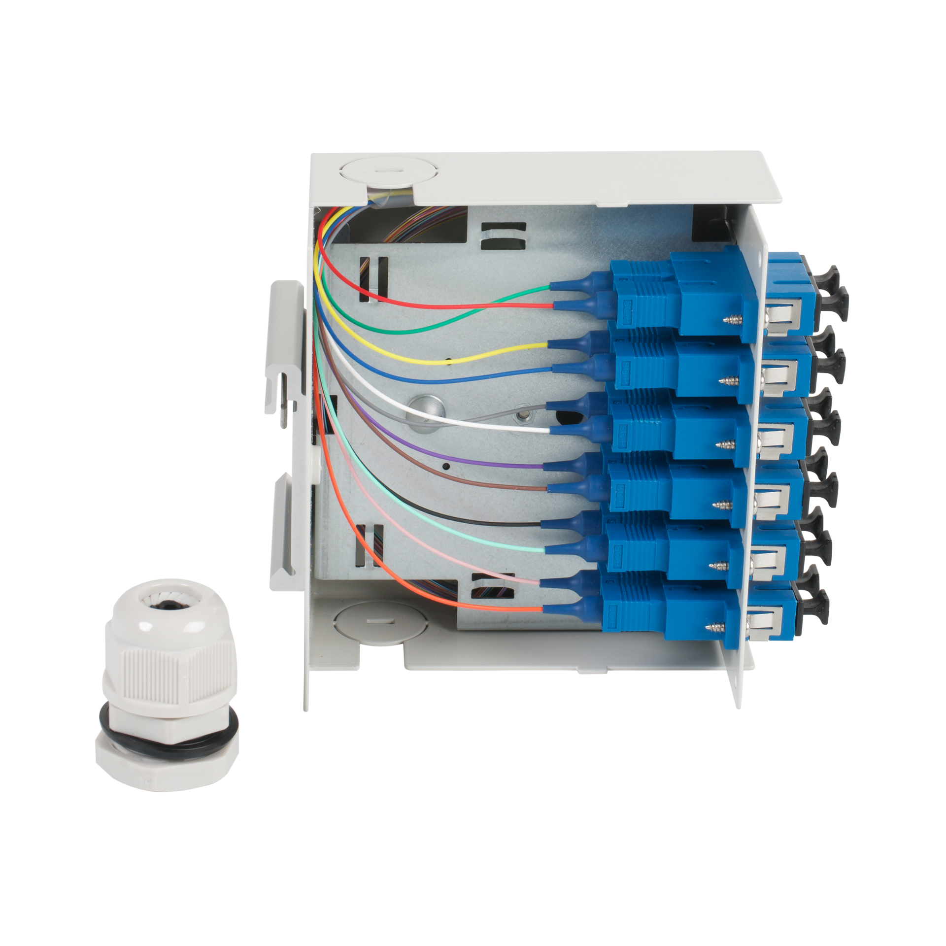 Hutschienenbox OS2 G652D 12xSC Pigtail abgesetzt, 6x SC-Duplex Kupplung