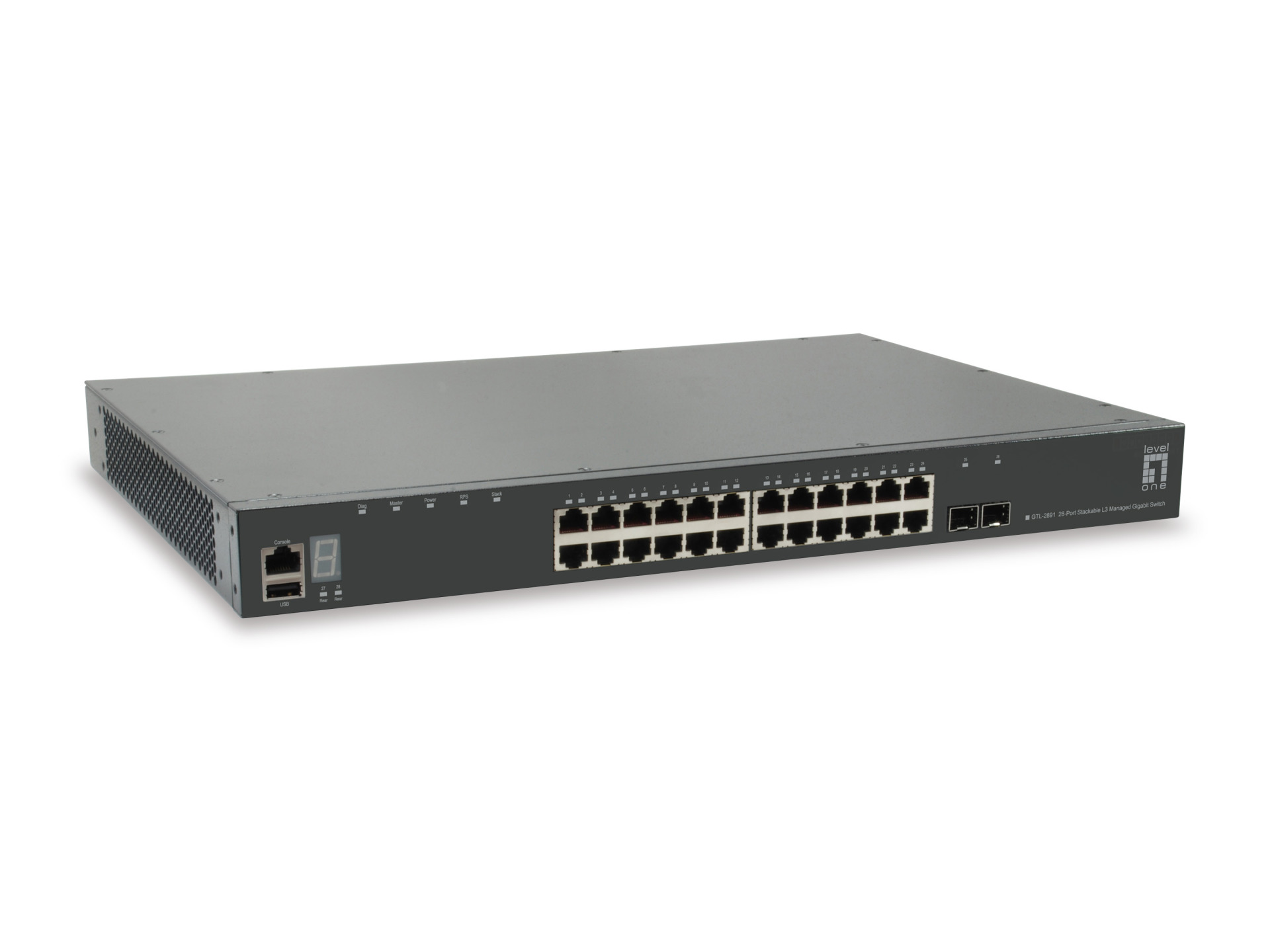 28-Port Stackable L3 Managed Gigabit Switch, 2x 10G SFP+, 1x 10G Modulslot