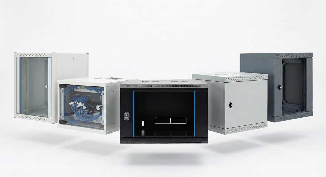 19-Zoll-Wandgehäuse in verschiedenen Größen und Ausführungen, teilweise mit Glastür und eingebauter Netzwerktechnik, für strukturierte IT-Infrastruktur