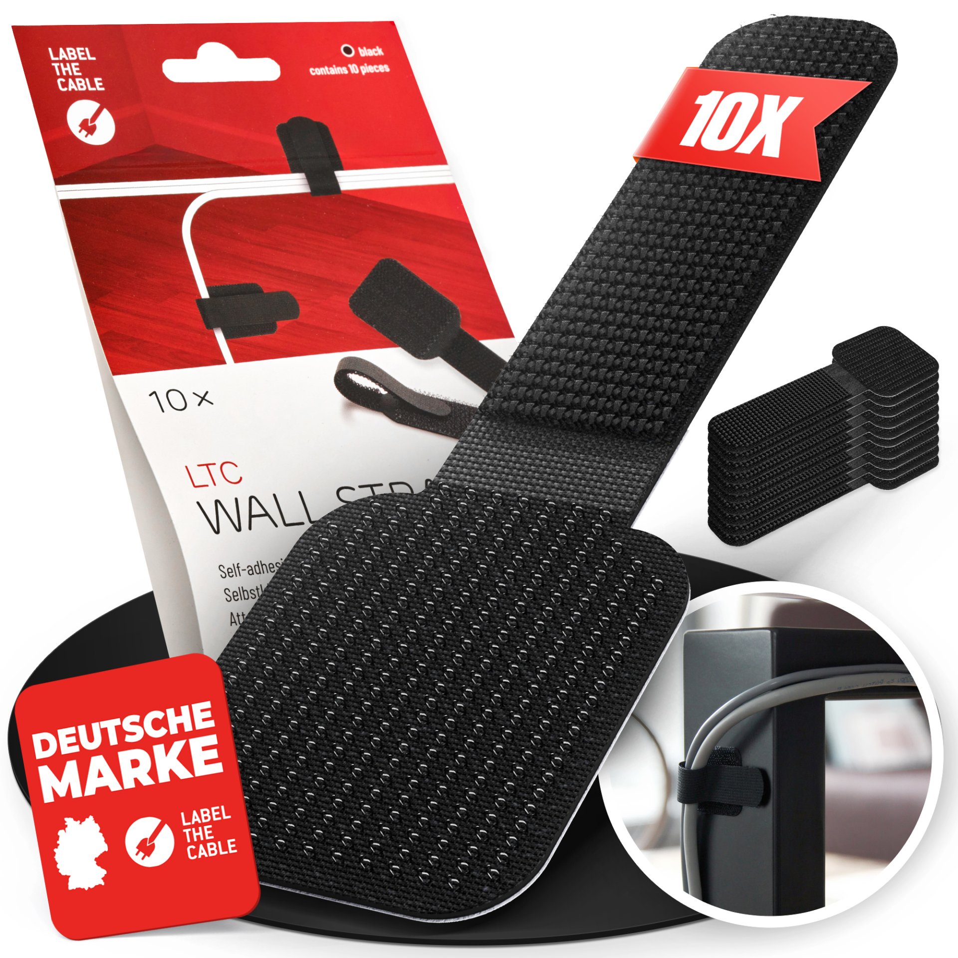 LTC WALL STRAPS Selbstklebende Klettkabelhalter 10 Stück Set schwarz