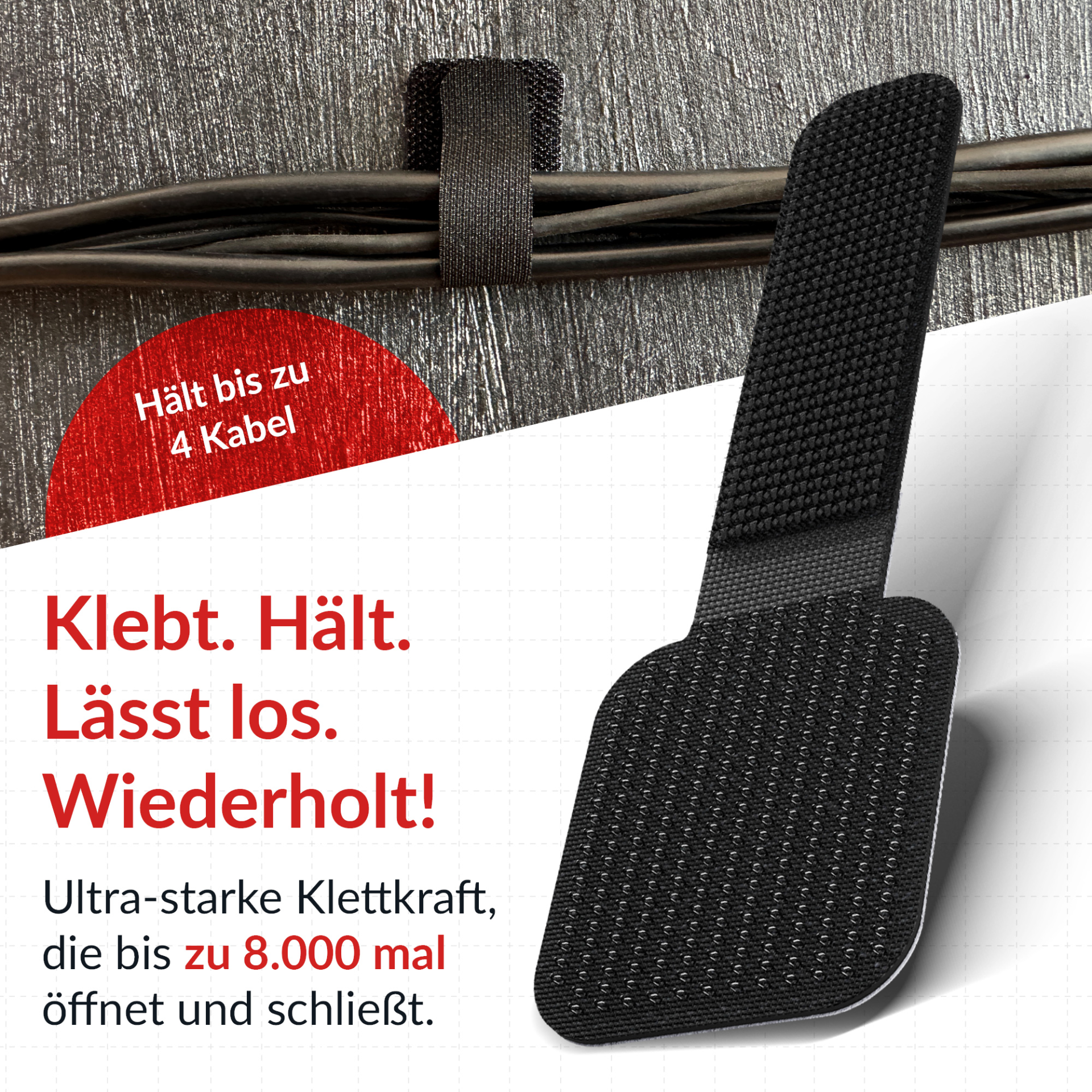 LTC WALL STRAPS Selbstklebende Klettkabelhalter 10 Stück Set schwarz