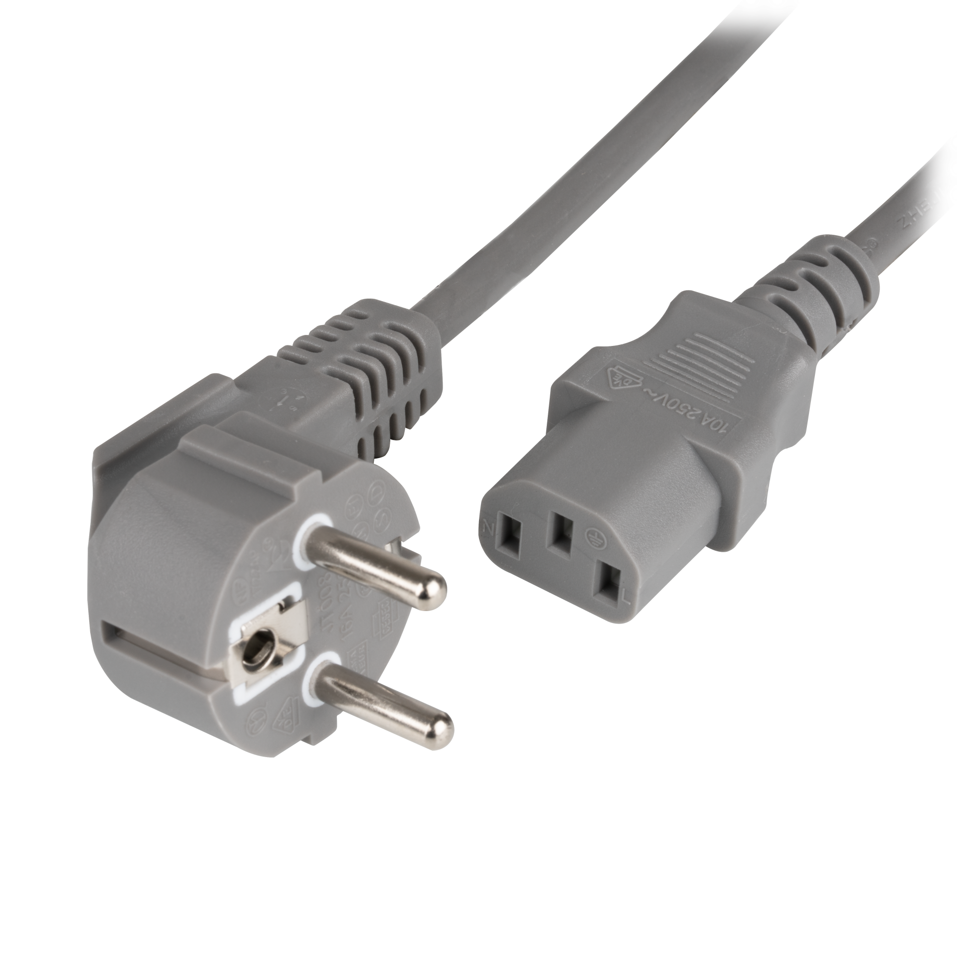 Netzleitung Schutzkontakt 90° - C13 180°, grau, 2,5 m, 3 x 1,00 mm²