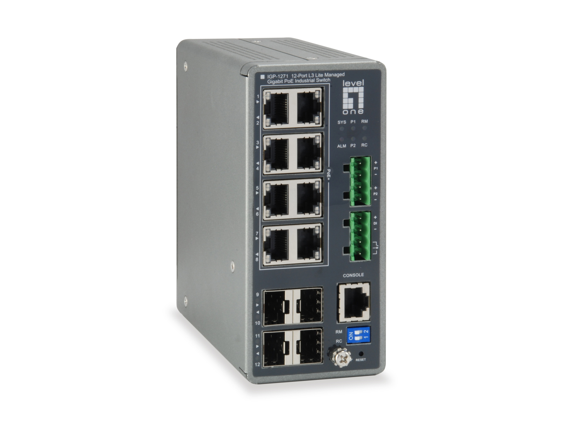 12-Port L3 Lite Managed Gigabit PoE Ind. Switch 8 PoE Outputs,240W, 4x SFP