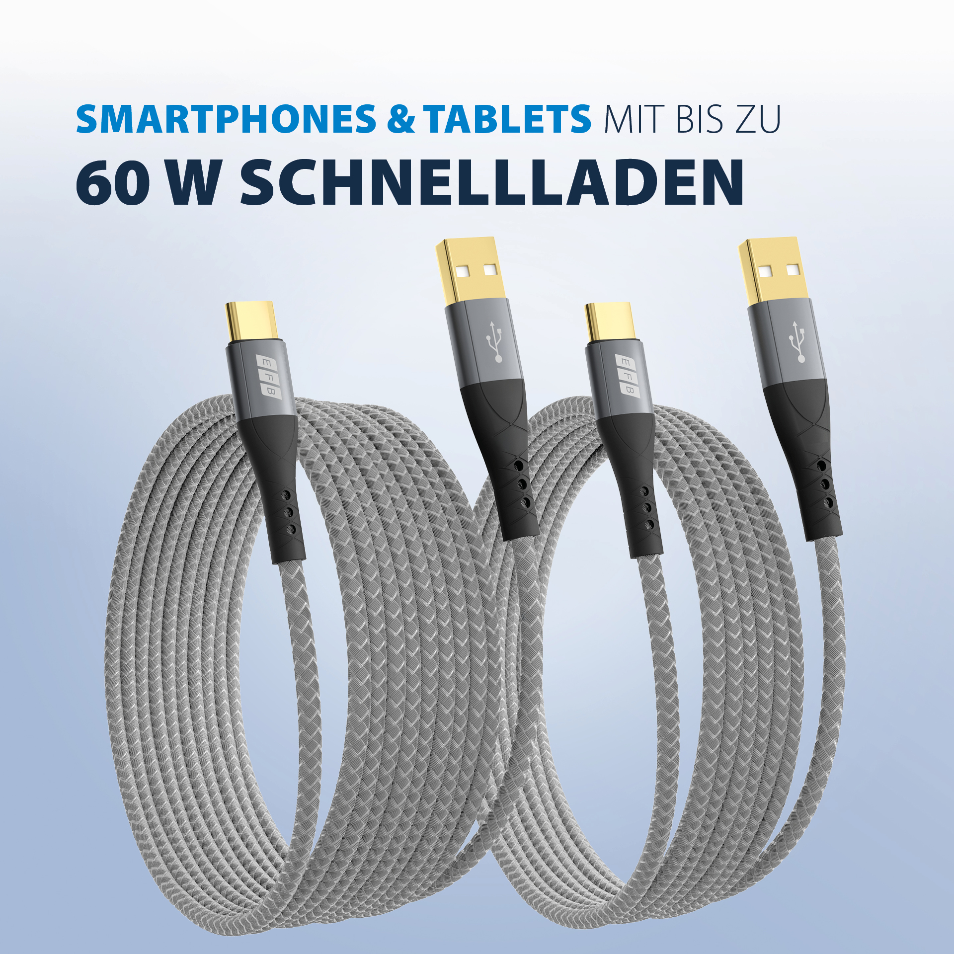 USB-A to USB-C cable set 60W QC 3A 3x2m grey gold contacts textile coat