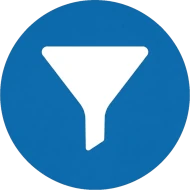 Weißes Trichter-Symbol auf blauem, rundem Hintergrund als Symbol für Filter und gezielte Auswahl