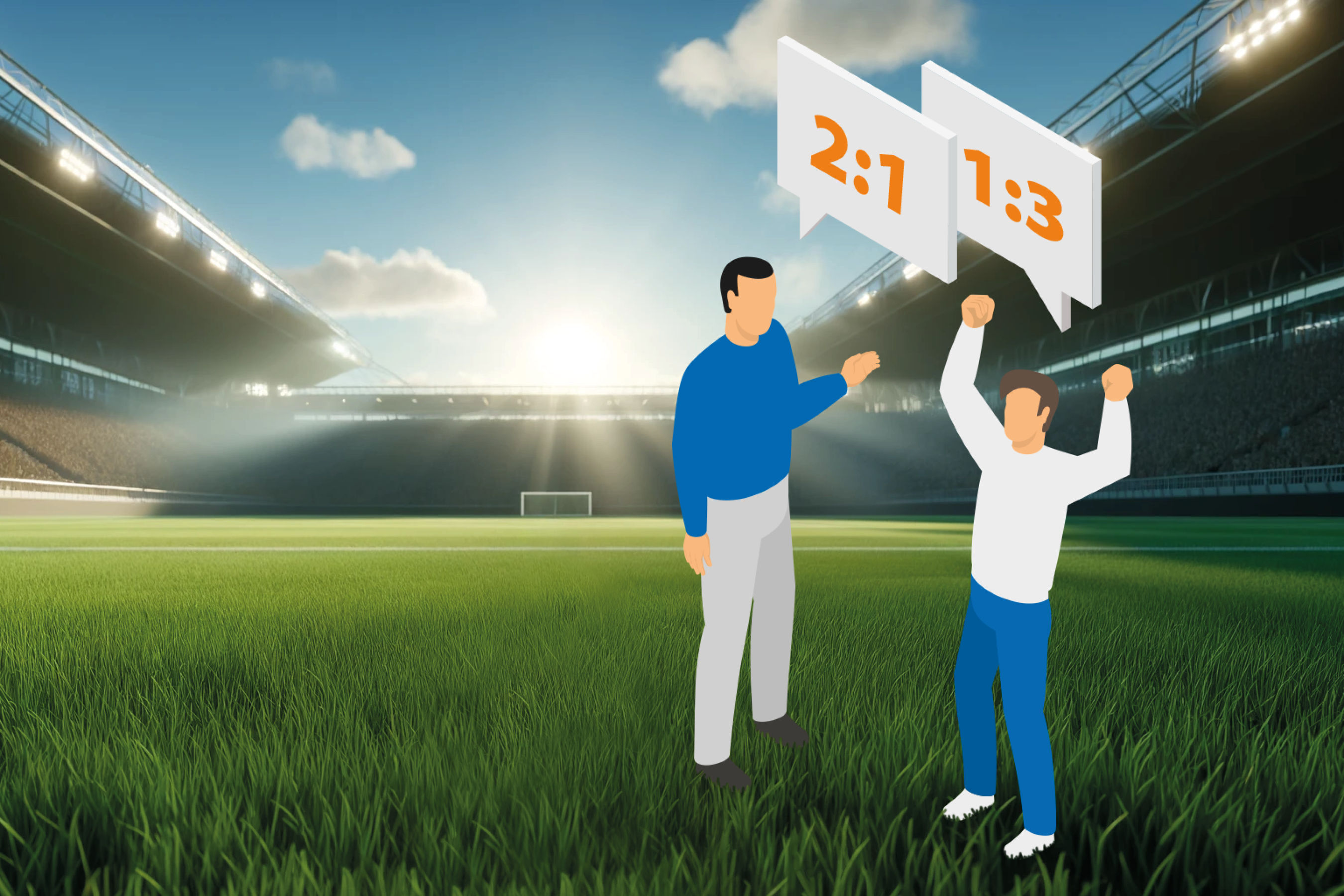 Zwei Männer stehen auf dem Rasen in einem großen, sonnendurchfluteten Fußballstadion. Die beiden Männer führen eine Diskussion über Fußballergebnisse, was durch über ihnen schwebenden Sprechblasen mit den Zahlen "2:1" und "1:3" angezeigt wird