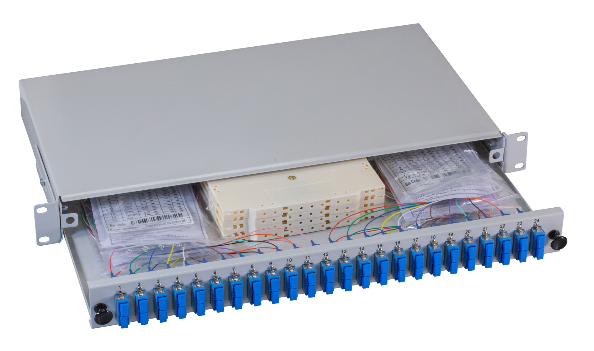 Spleißbox SC-APC 9/125µ OS2 ausziehbar 12 Pigtails/6 Kuppl.