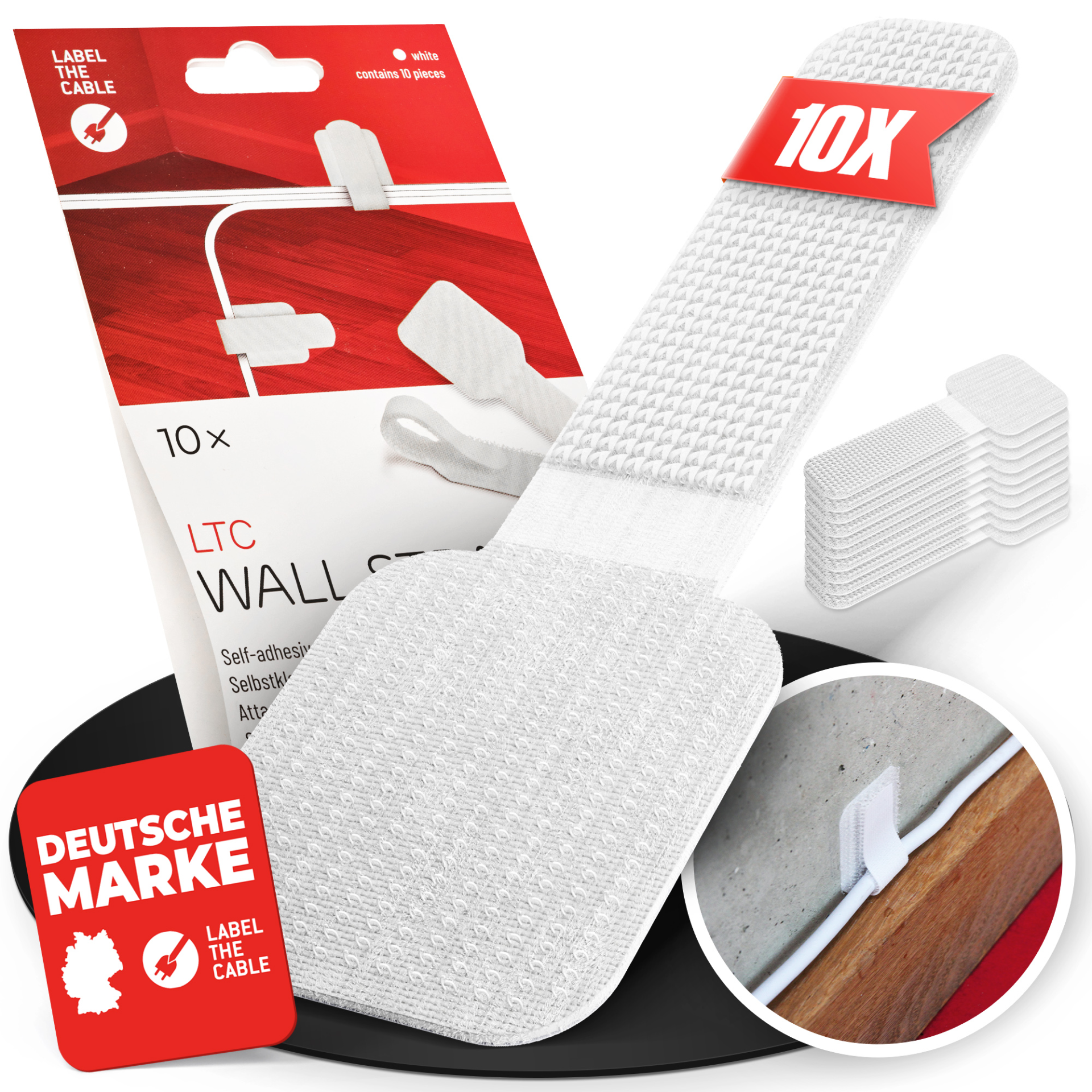 LTC WALL STRAPS Selbstklebende Klettkabelhalter 10 Stück Set weiß