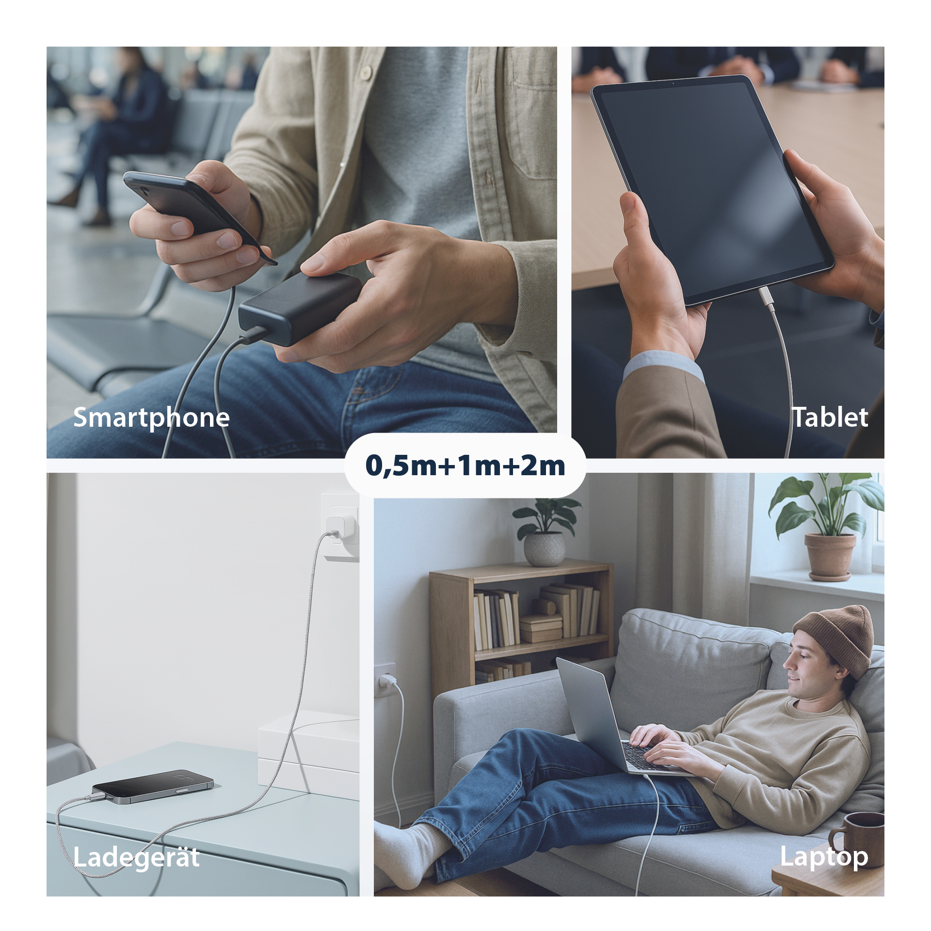 USB-C Kabelset 100W PD 3.0 5A E-Marker Chip 0,5m+1m+2m grau Goldkontakte Textil