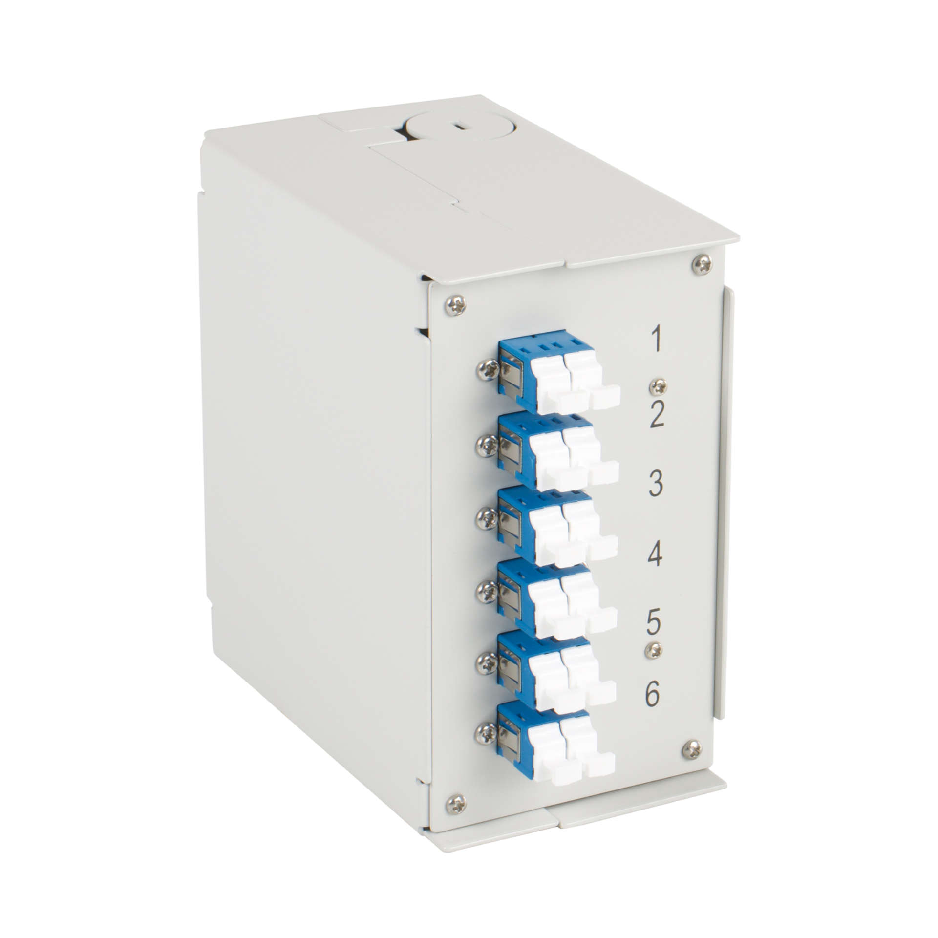 Hutschienenbox OS2 G652D 12xLC Pigtail abgesetzt, 6x LC-Duplex Kupplung