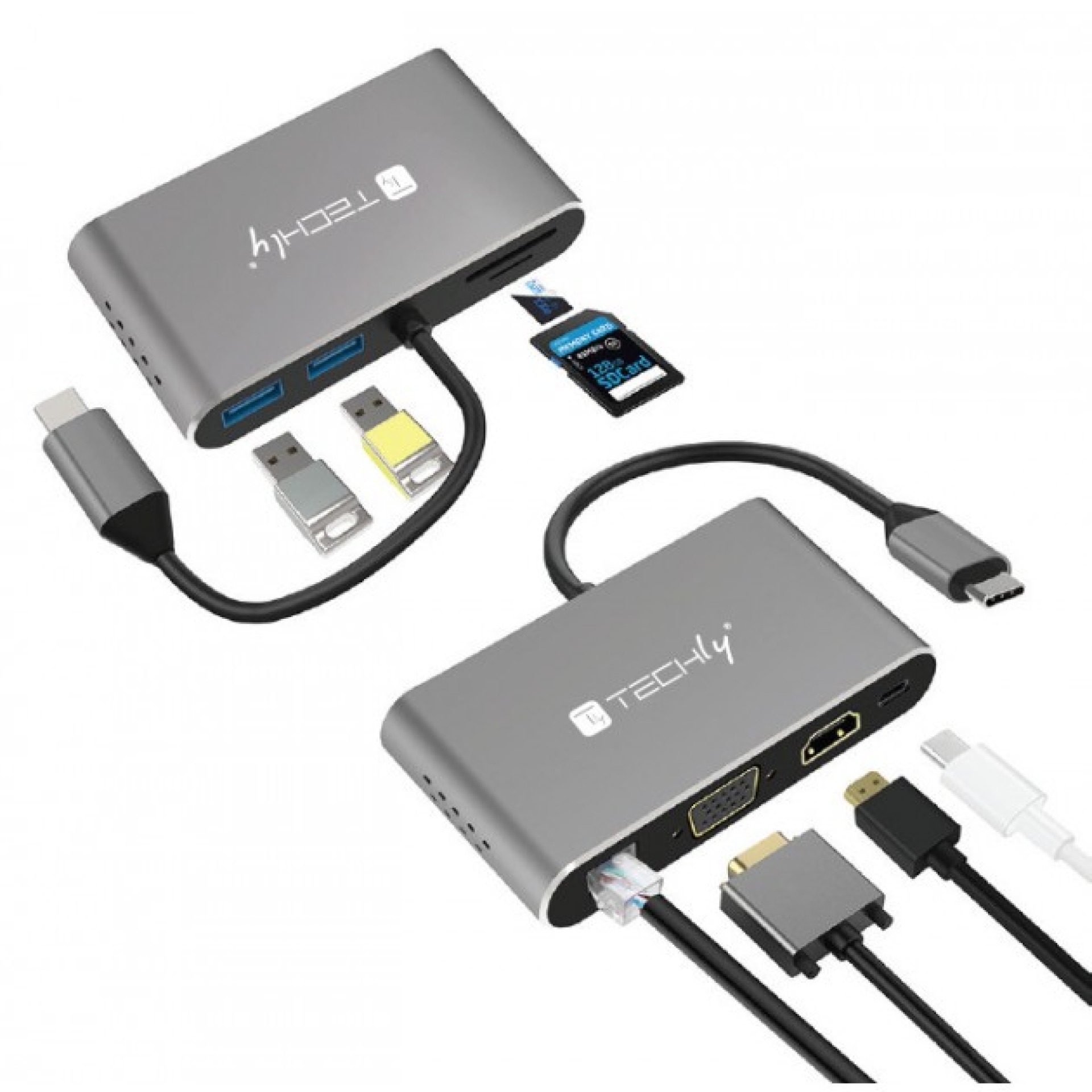 USB Typ-C Docking Station auf 2x USB3.0, HDMI, VGA, RJ45, USB Typ-C, SD-Slot