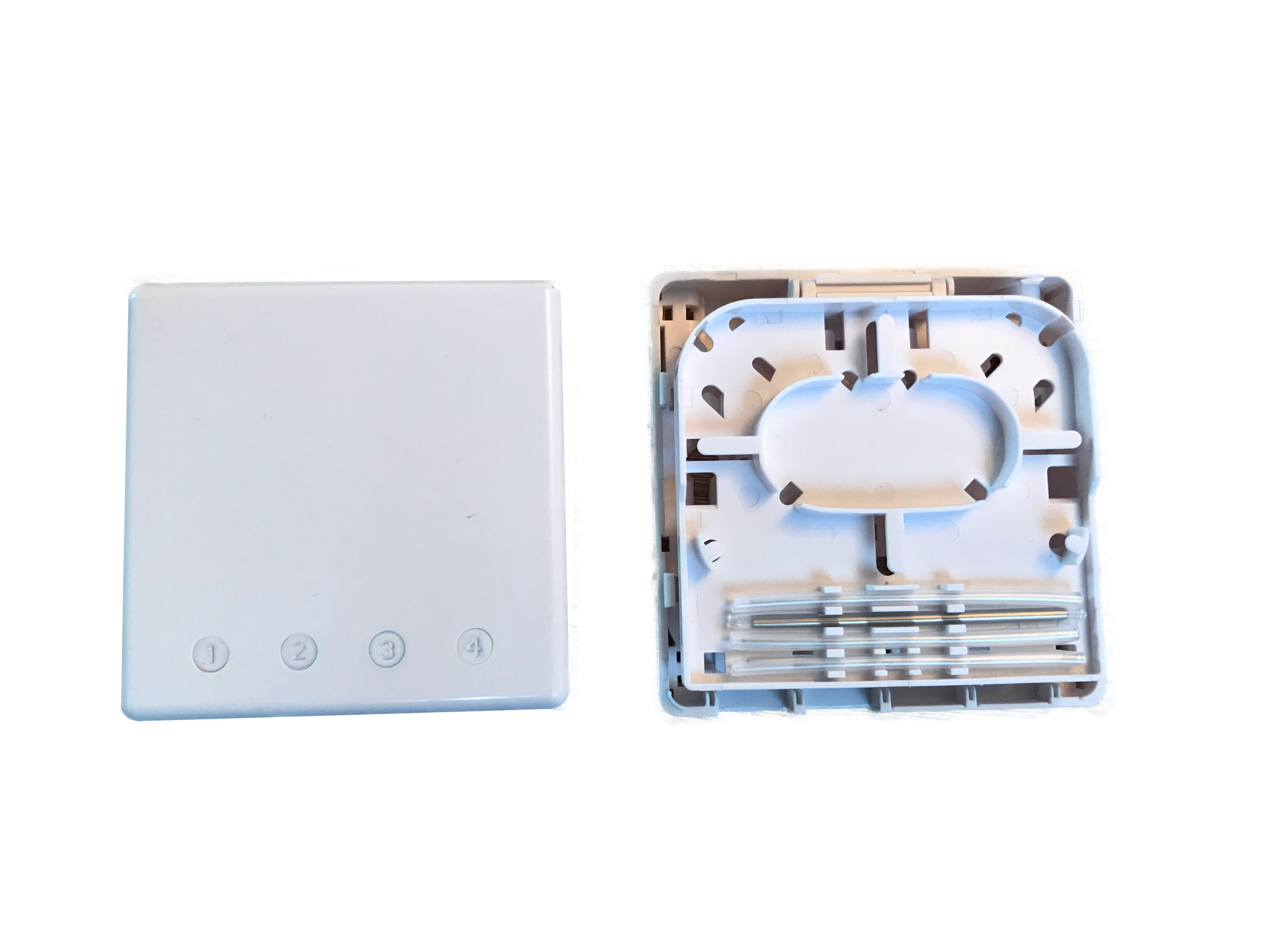 FTTH Box for 4 adapters SC-S or LC-D 80x80 with cable guide, shrinkversion