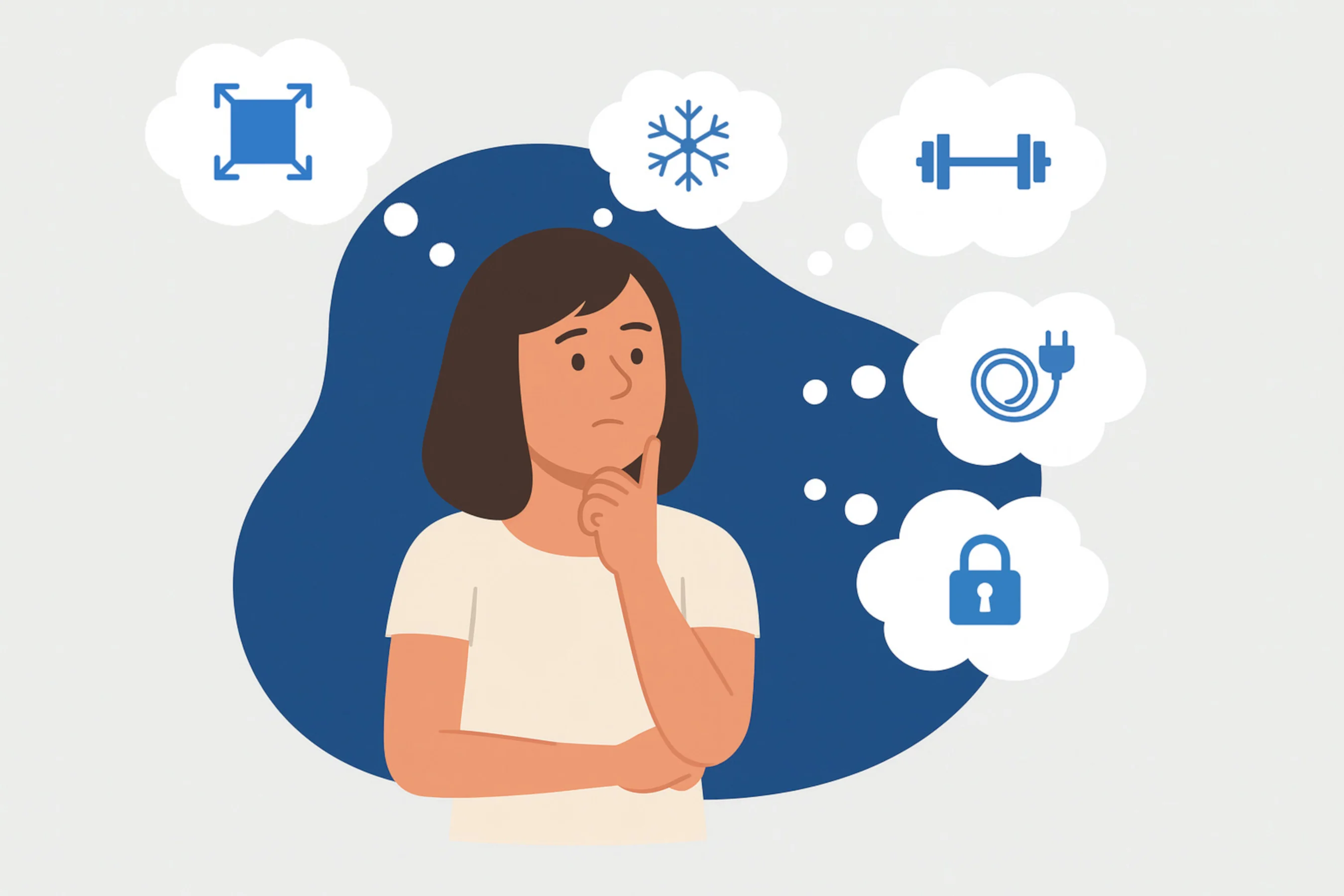Illustration einer nachdenklichen Frau mit Symbolen für Größe, Kühlung, Belastbarkeit, Stromanschluss und Sicherheit bei der Auswahl eines Netzwerkschranks