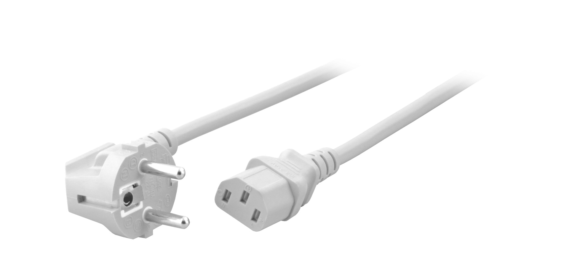 Netzleitung Schutzkontakt 90° - C13 180°, weiß, 1,8 m, 3 x 0,75 mm²