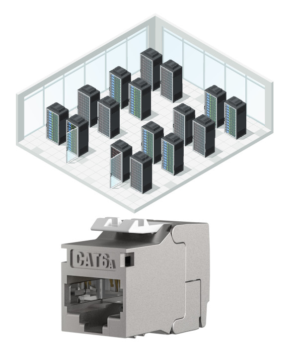 Rechenzentrum mit zahlreichen Server-Racks und CAT6A Keystone RJ45-Netzwerkbuchse für zuverlässige IT-Infrastruktur und Highspeed-Datenübertragung Rechenzentrum mit zahlreichen Server-Racks und CAT6A Keystone RJ45-Netzwerkbuchse für zuverlässige IT-Infrastruktur und Highspeed-Datenübertragung