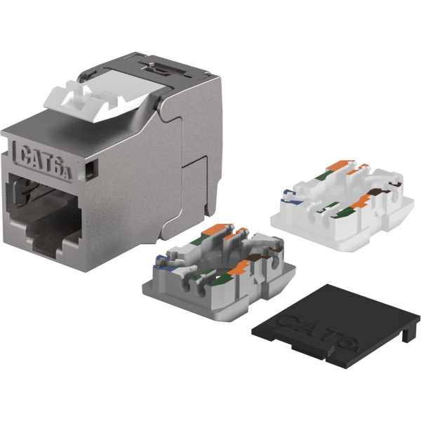RJ45 CAT 6A Keystone-Modul E-20094 mit farbcodierten Anschlüssen und Abdeckung für einfache und zuverlässige Netzwerkverkabelung in IT-Infrastrukturen