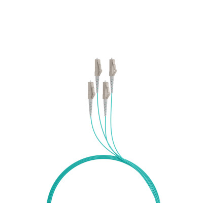 Aqua-farbene Glasfaser-Patchkabel mit 4 LC-Steckern, gebündelt für Highspeed-Datenübertragung in Netzwerken