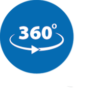 Icon: 360 Grad Text mit Pfeil auf blauem Hintergrund