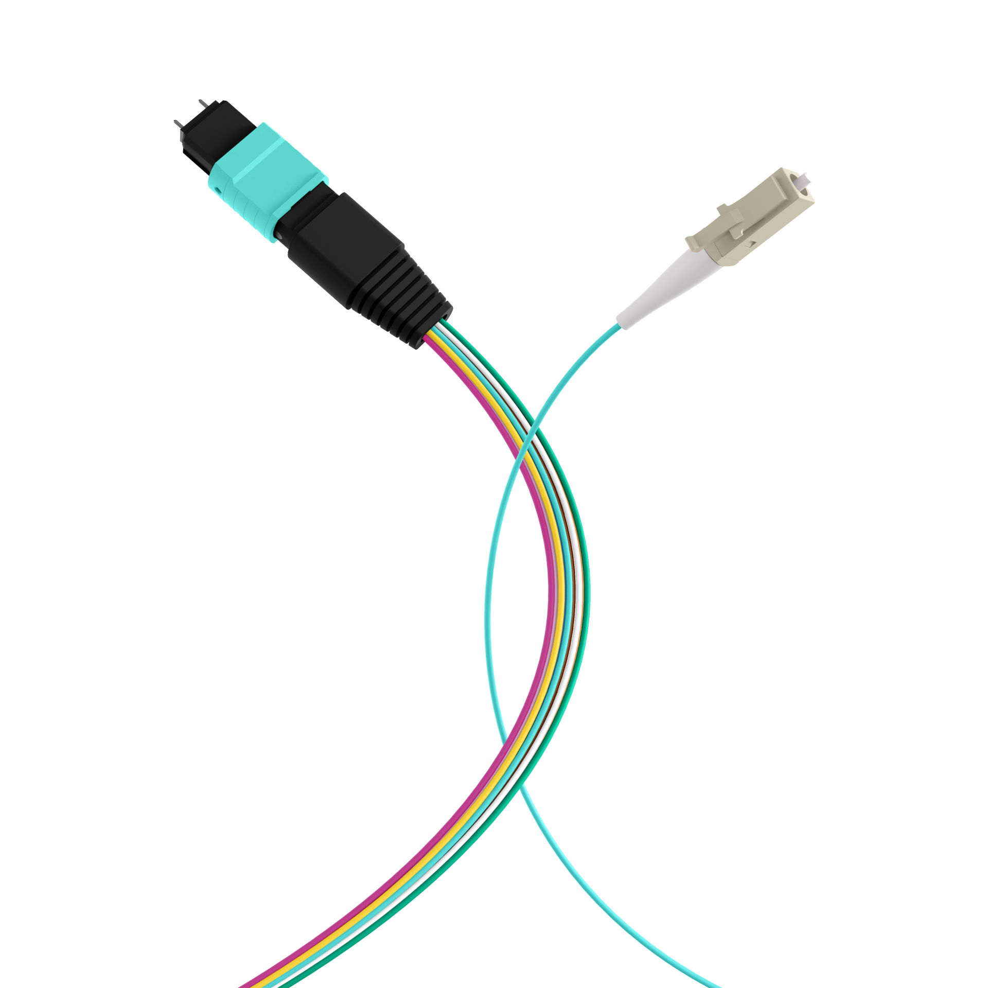 MTP®(M)-LC Fanout cable OM3 12 fibers Typ B LSZH aqua 0,4m