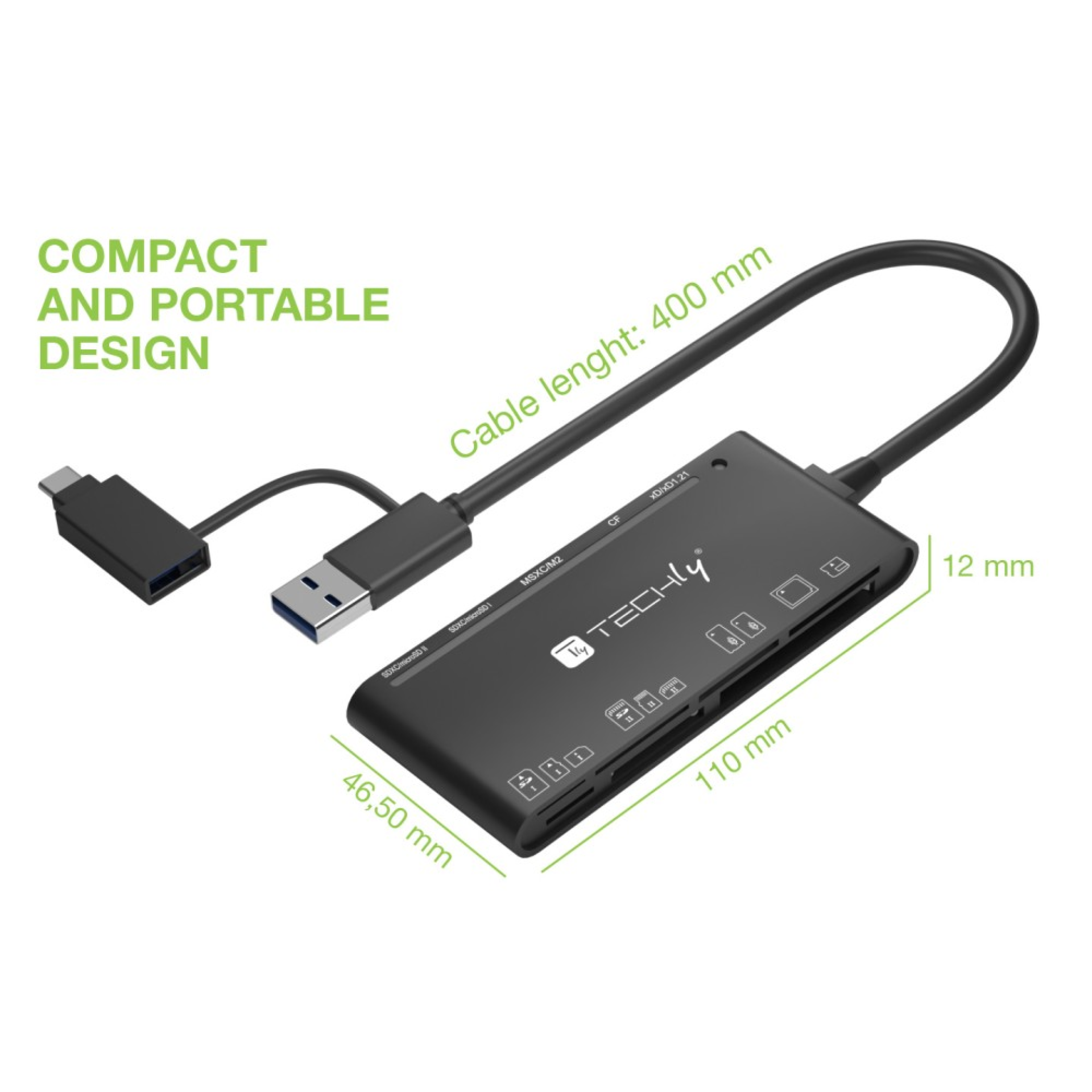 Techly SD memory reader 7 in 1 USB-A 3.0 and USB-C
