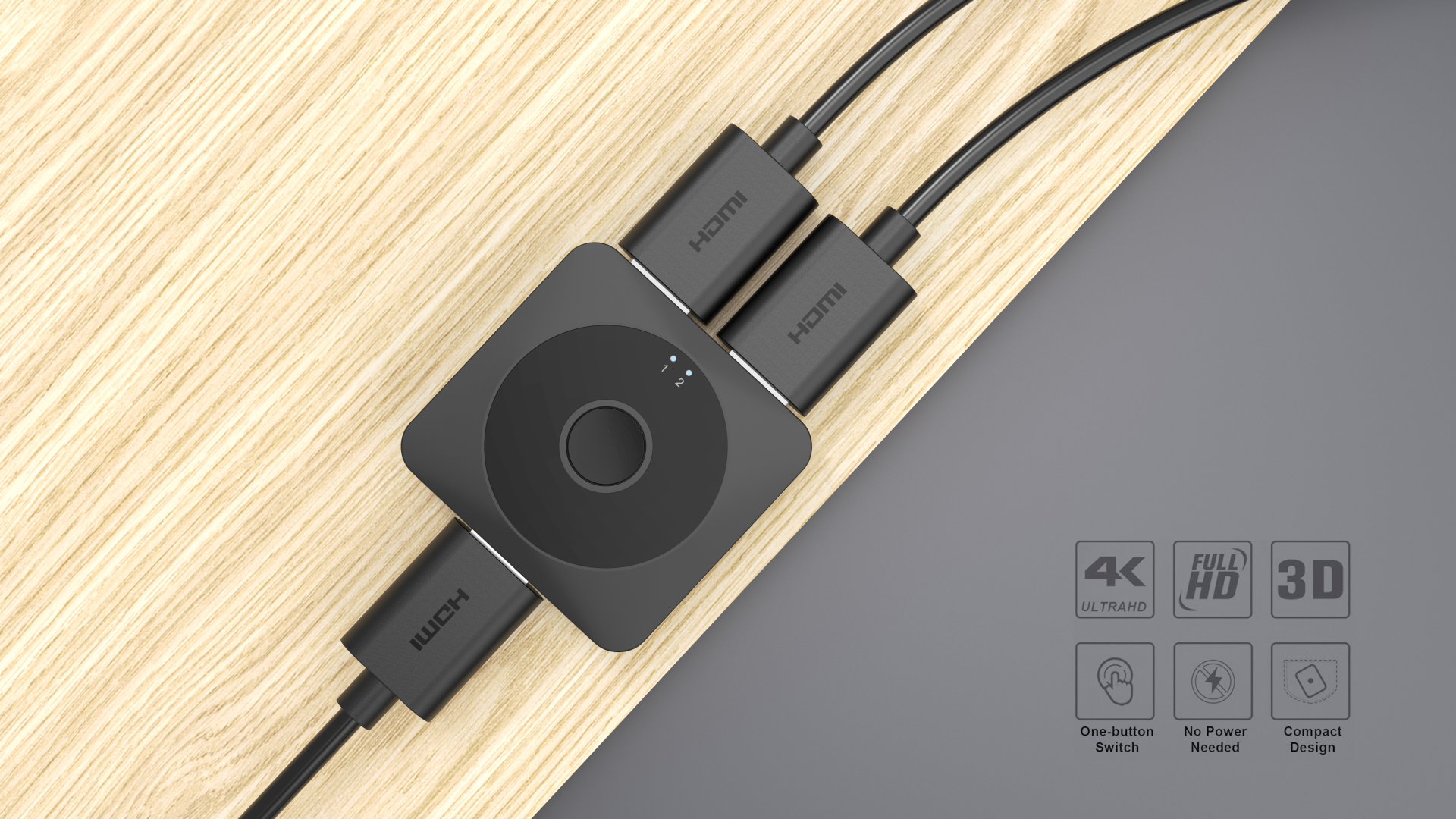 HDMI Switch, 4K@60Hz, 2-to-1 & 1-to-2 ABS, black, switch button