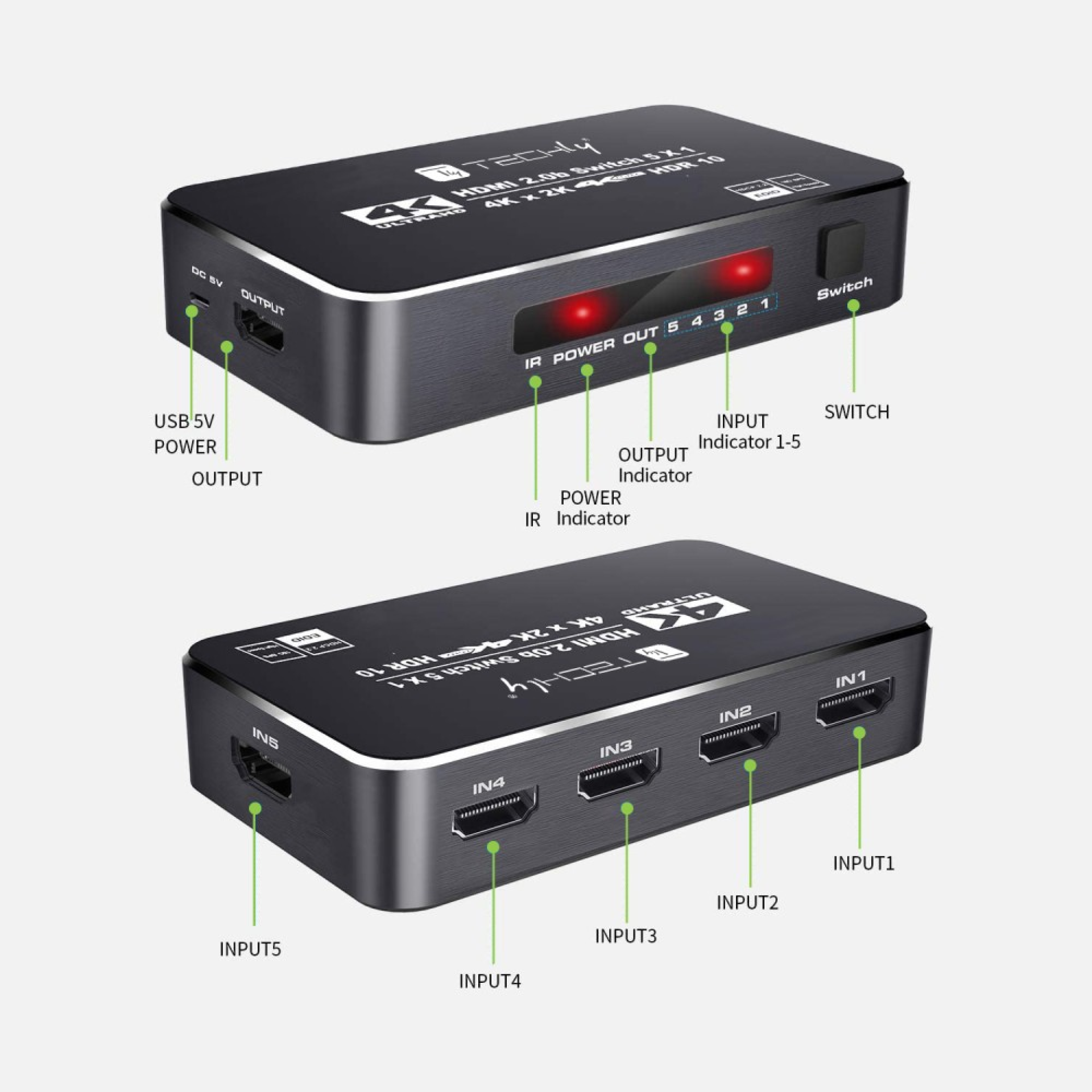Techly 4K 5in 1out HDMI 2.0b Switch HDR HDCP2.2 mit Fernbedienung