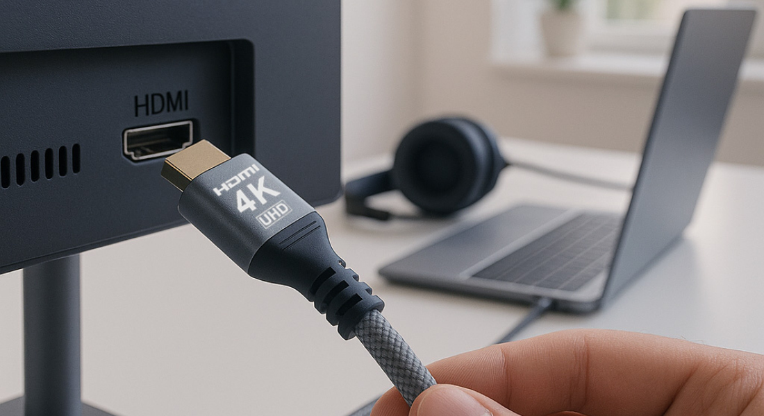 4K HDMI-Kabel wird im Homeoffice an Monitor angeschlossen – zuverlässige Verbindung für produktives Arbeiten in UHD-Qualität