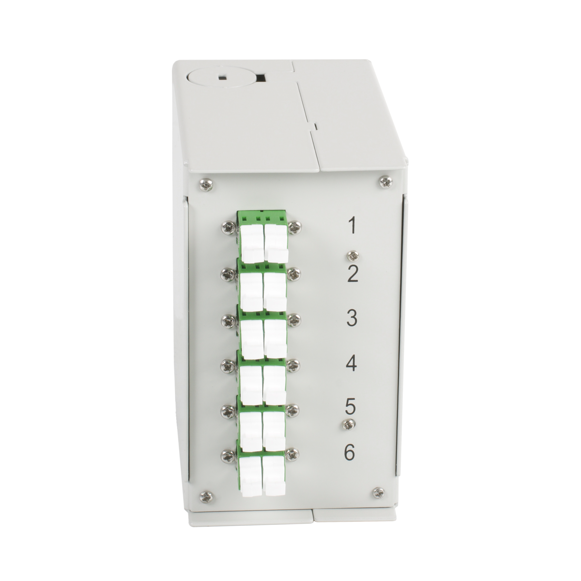 Hutschienenbox OS2 G652D 12xLC/APC Pigtail abgesetzt, 6x LC/APC-Duplex Kupplung