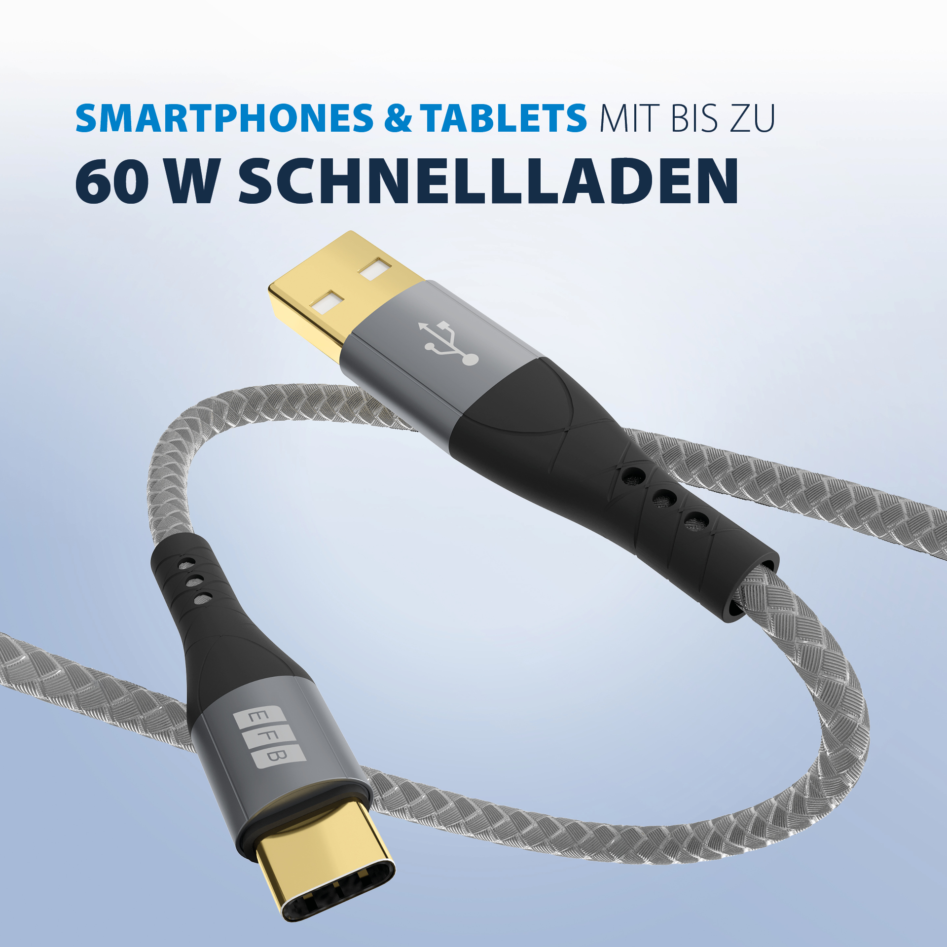 USB-A auf USB-C Kabel 60W QC 3A 2m grau Goldkontakte Textilmantel