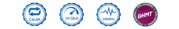 Symbole für Cat.6A, 10 Gbit, 500 MHz und GHMT-Zertifikat als Qualitäts- und Leistungsmerkmale der Netzwerkmodule Symbole für Cat.6A, 10 Gbit, 500 MHz und GHMT-Zertifikat als Qualitäts- und Leistungsmerkmale der Netzwerkmodule