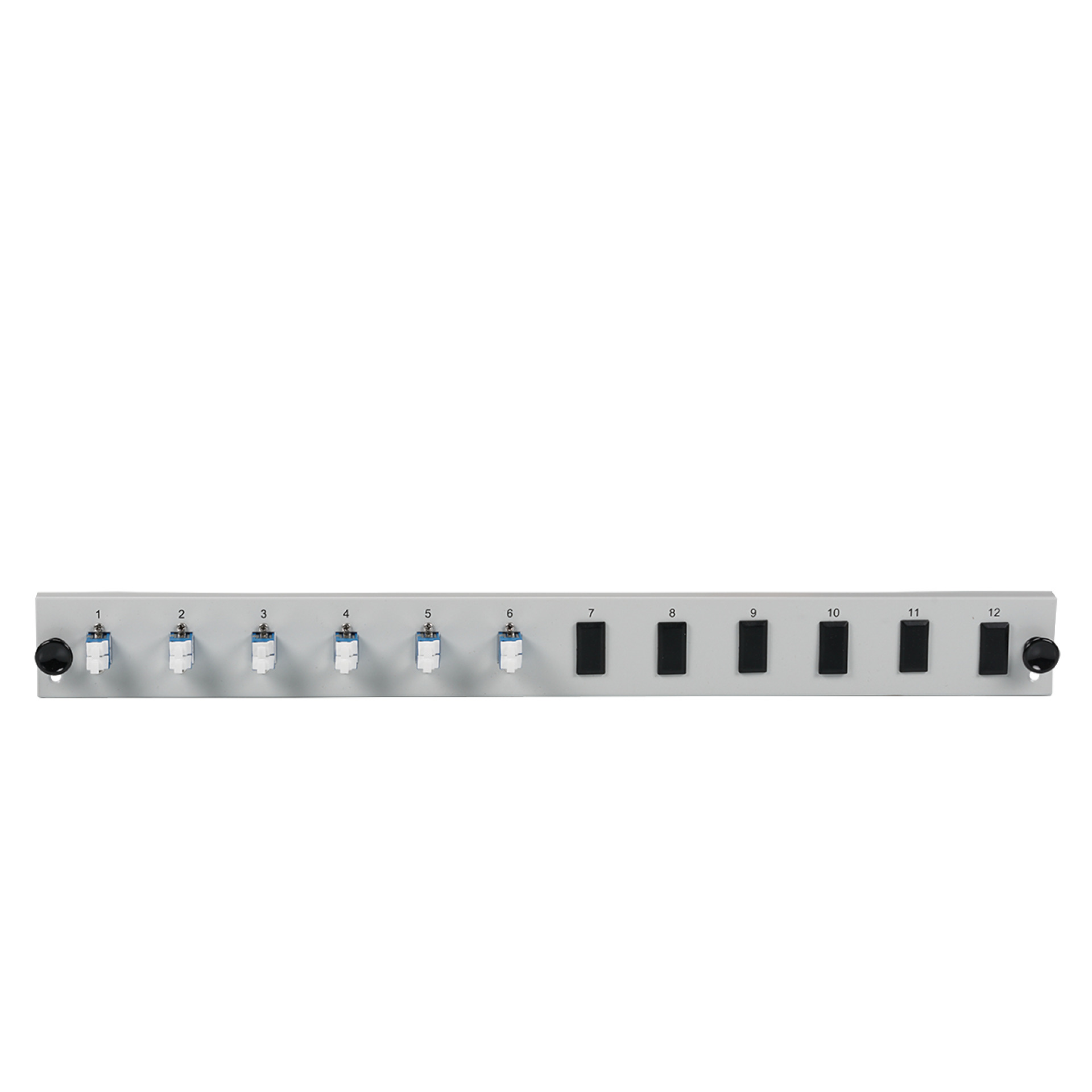 Bestückte 12 Port Frontblende mit 6 x LC Duplex Kupplung OS2 vertikal, schwarz