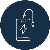 White line drawing of a power bank with a charging cable and a lightning bolt icon on a dark blue, round background.