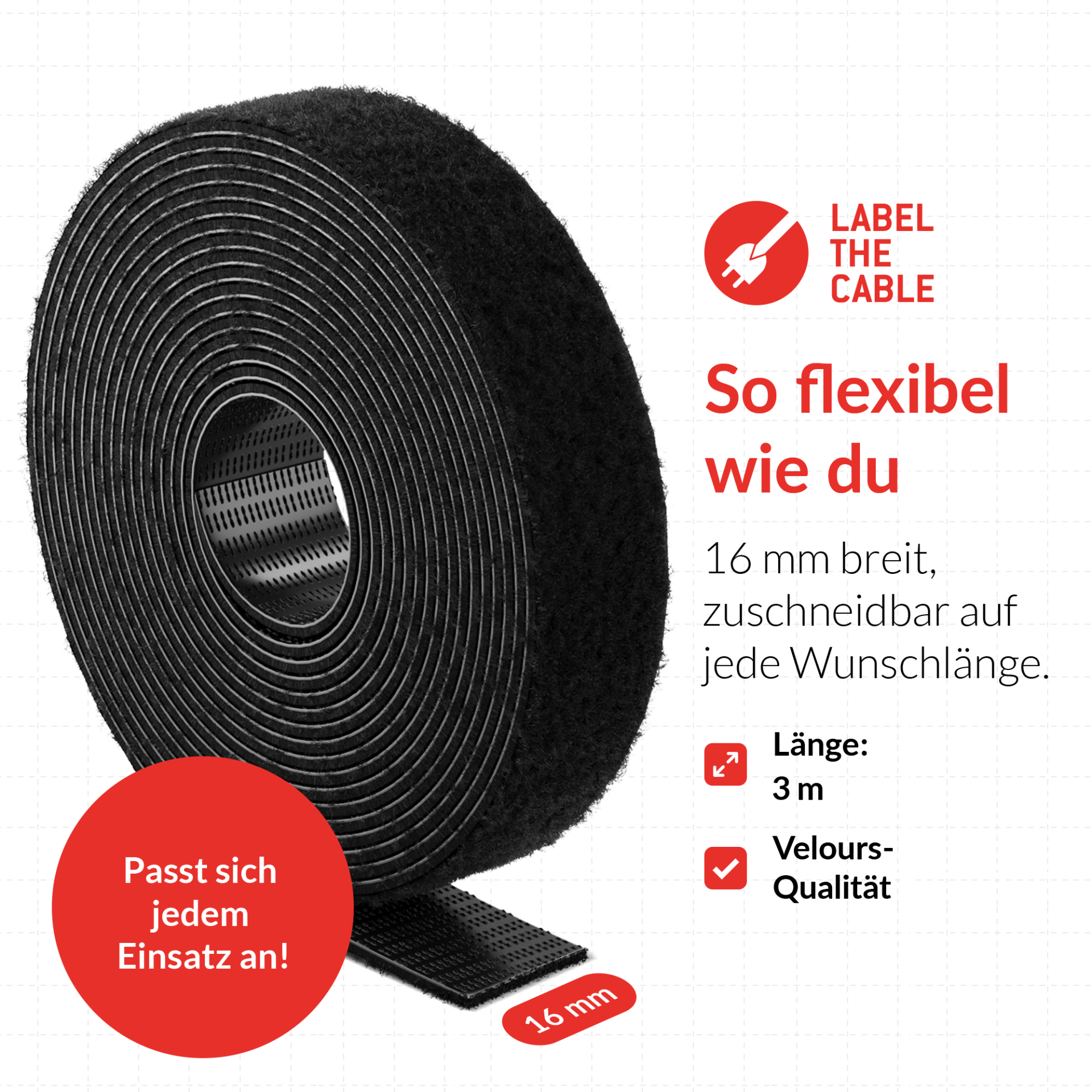 LTC ROLL STRAP, Doppelseitige Klettbandrolle 3m schwarz
