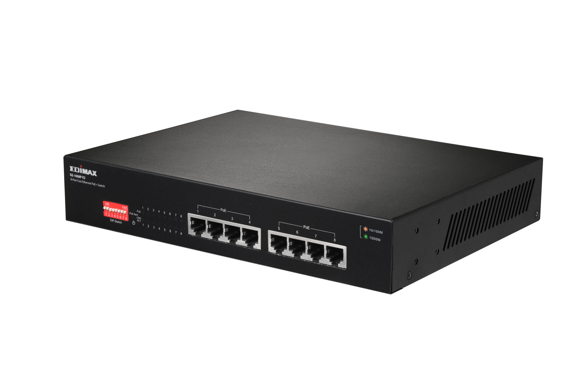 Gigabit Ethernet 8-Port Switch 8x PoE+ Ports, DIP Switch 130W ohne Lüfter