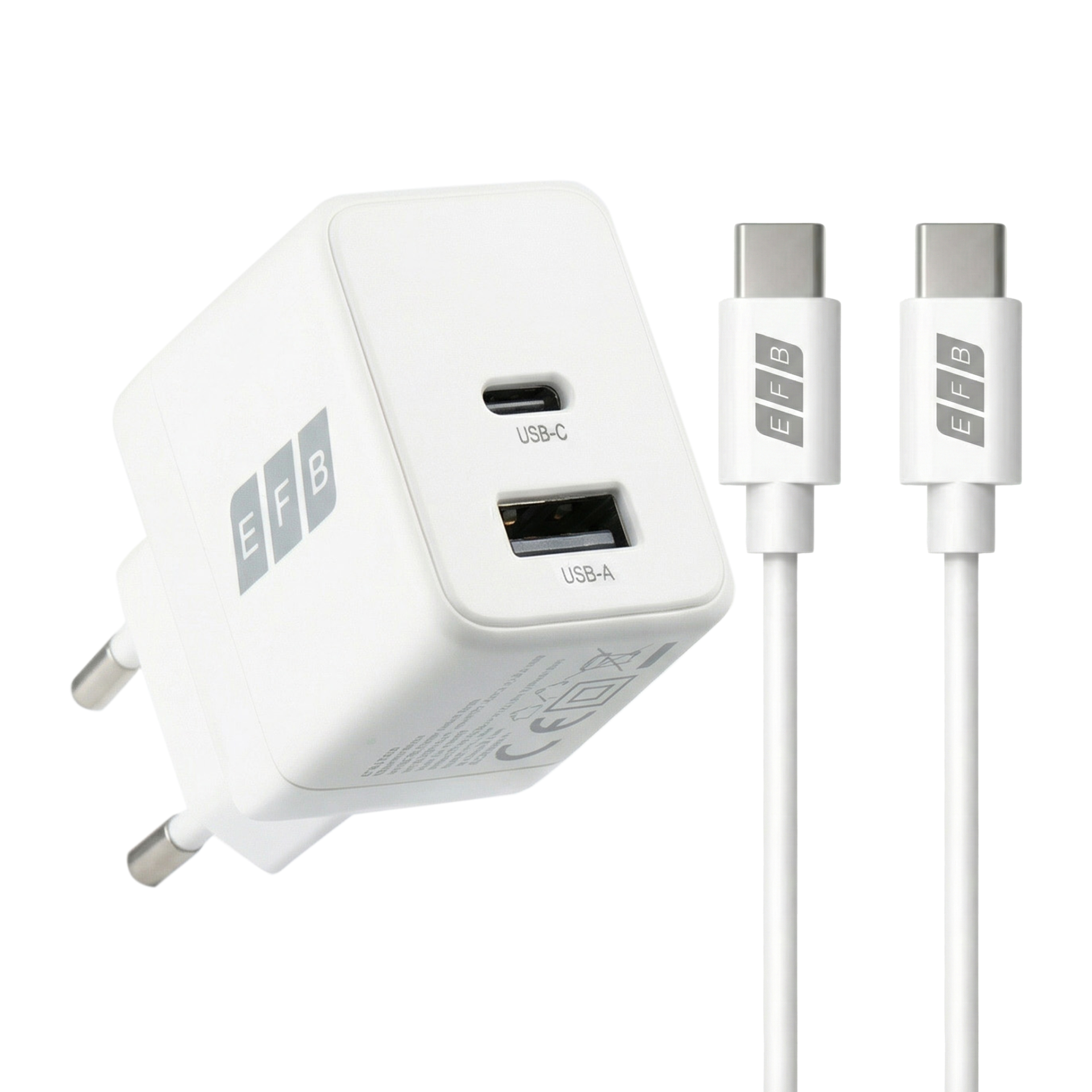 Ladegerät 30W USB-C + USB-A Set PD3.0 GaN QC3.0 inkl. 2m USB-C Ladekabel weiß