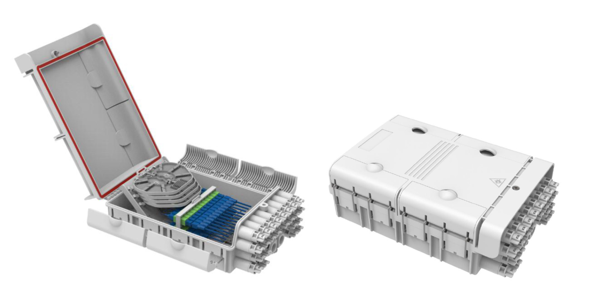 FTTH IP65 Anschlussbox für 48 Fasern, 24 Kupplungen und Faserüberlängenaufnahme