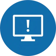Weißer Monitor mit Ausrufezeichen auf blauem, rundem Hintergrund als Symbol für Warnung oder Systemhinweis