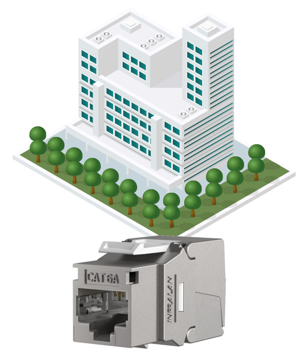 Großes Bürogebäude mit CAT6A Keystone RJ45-Netzwerkbuchse für leistungsstarke IT-Infrastruktur und Netzwerklösungen in Unternehmen Großes Bürogebäude mit CAT6A Keystone RJ45-Netzwerkbuchse für leistungsstarke IT-Infrastruktur und Netzwerklösungen in Unternehmen