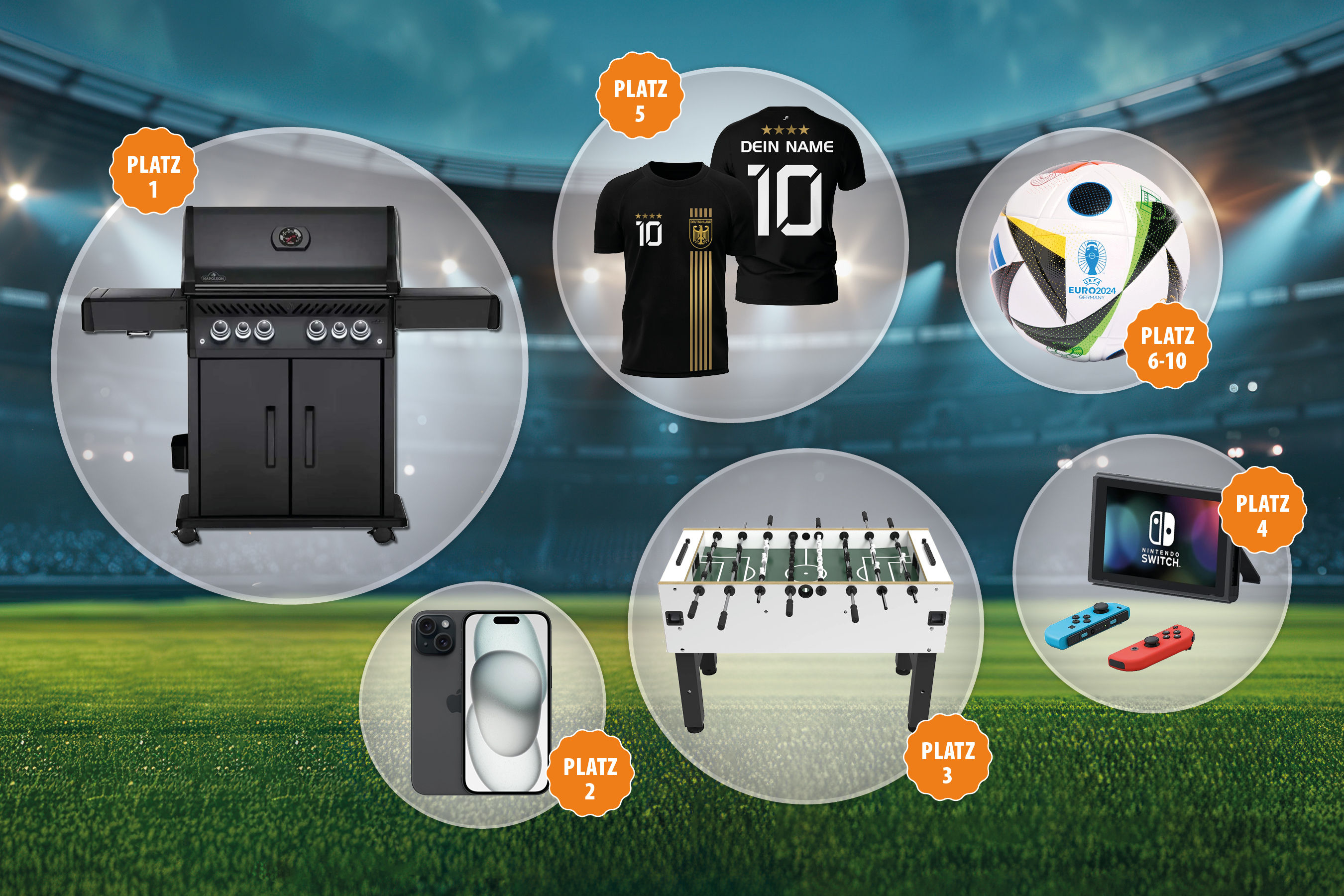 Gewinne des EFB-Elektronik Kicktipp Gewinnspiels: Grill für Profigriller, Apple iPhone 15, Tischkicker, Nintendo Switch, Ein Trikot Ihres Lieblingsvereins, UE Fußball