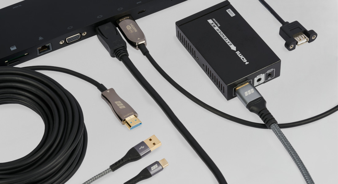 Multimedia-Verkabelung mit HDMI-, DisplayPort- und USB-Kabeln sowie Extender-Box – professionelle Signalübertragungslösung von EFB-Elektronik für AV- und IT-Anwendungen Multimedia-Verkabelung mit HDMI-, DisplayPort- und USB-Kabeln sowie Extender-Box – professionelle Signalübertragungslösung von EFB-Elektronik für AV- und IT-Anwendungen