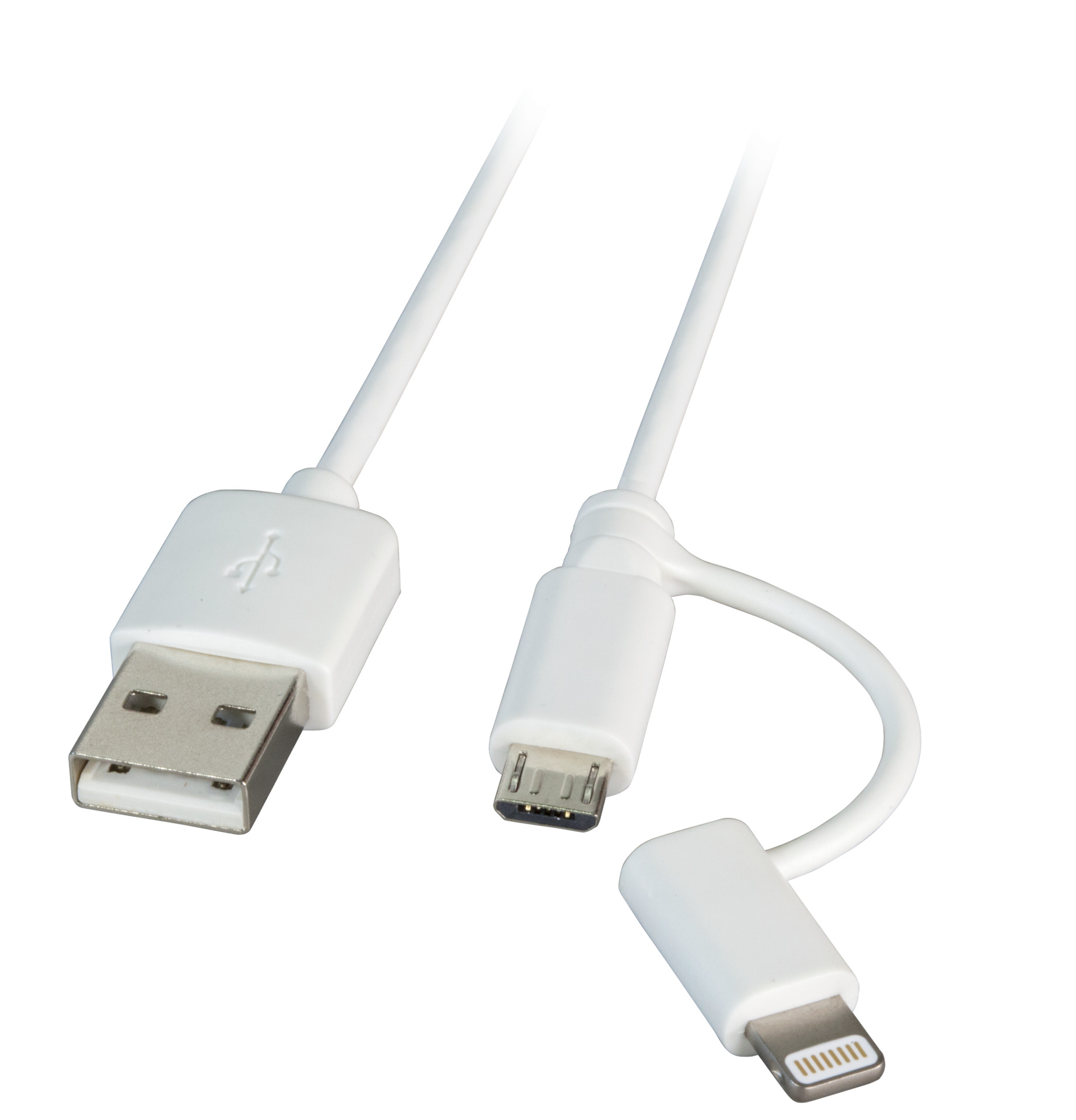 MFI USB2.0 Kabel Typ-A - 2 in 1 Stecker - Micro-B / Lightning, 2,0m, weiß