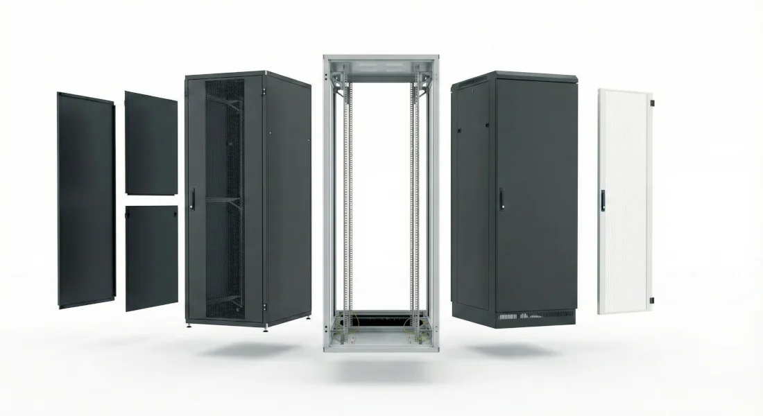 Zerlegbarer 19"-Netzwerkschrank im Explosionsbild: Rahmen, Türen und Seitenteile getrennt dargestellt, Farbvarianten Schwarz und RAL 7035