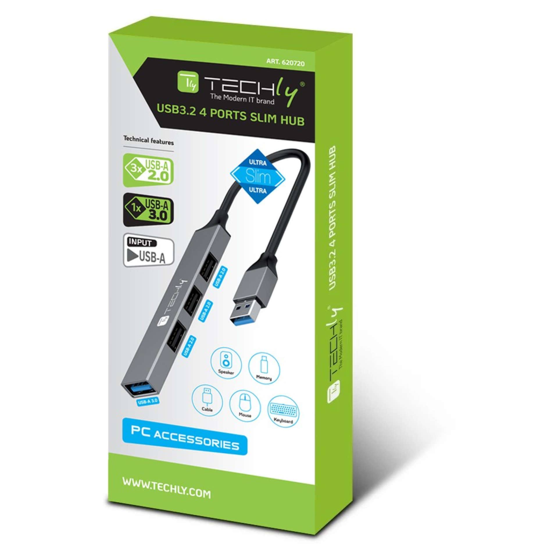 USB-A 3.2 hub with 4 slim USB-A ports, made of metal