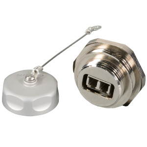 Metal fiberglass bulkhead coupling with removable protective cap and wire rope. Metal fiberglass bulkhead coupling with removable protective cap and wire rope.