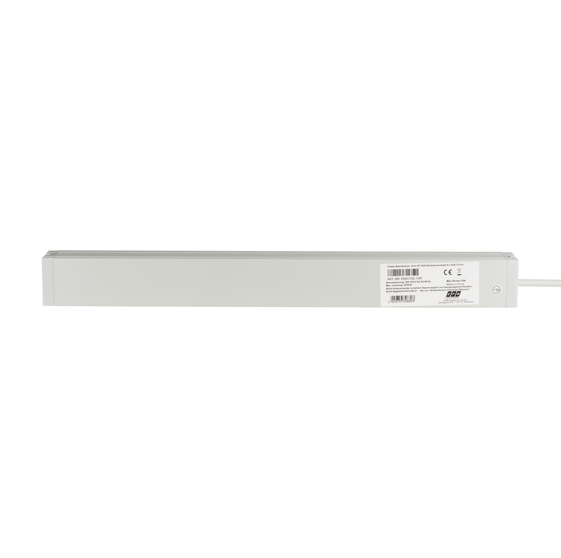 19“ 1U Socket Strip 8 x CEE 7/3 red, cable C14, 10A fine fuse, grey