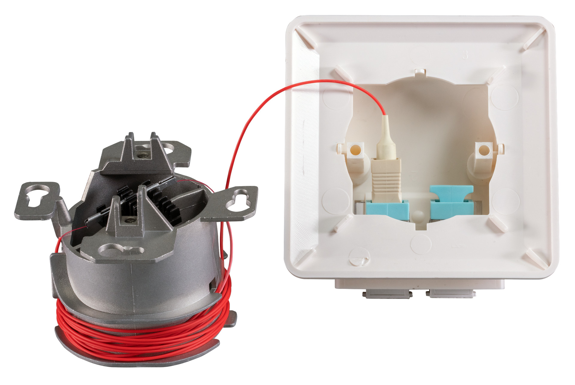 FO data outlet UP, 2 LC-D adapter OS2 with shutter, integrated splice holder