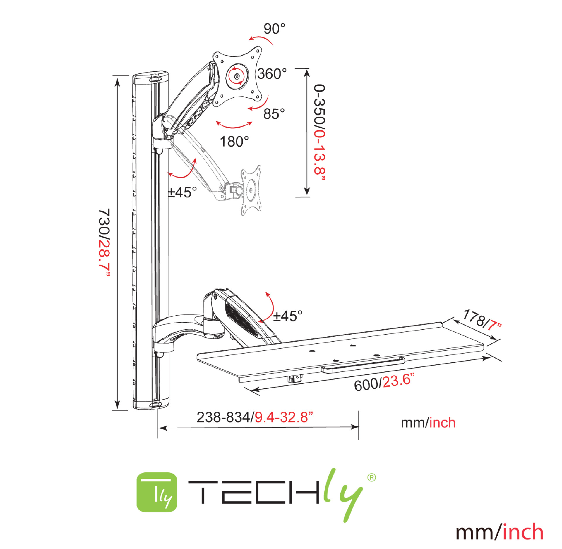 Wandhalterung für 15"-27", mit flexibler Tastaturablage und Arm