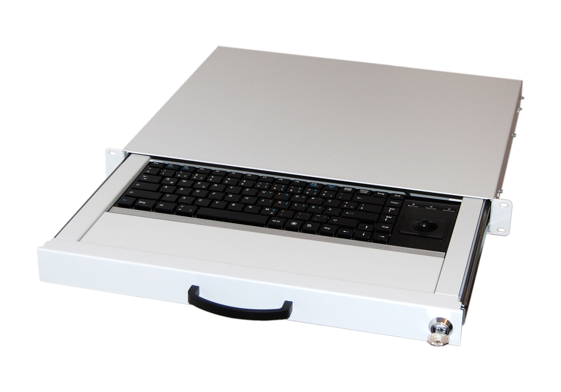19" 1HE Tastaturschublade, Tastatur DE, PS/2+USB, Trackball, RAL7035