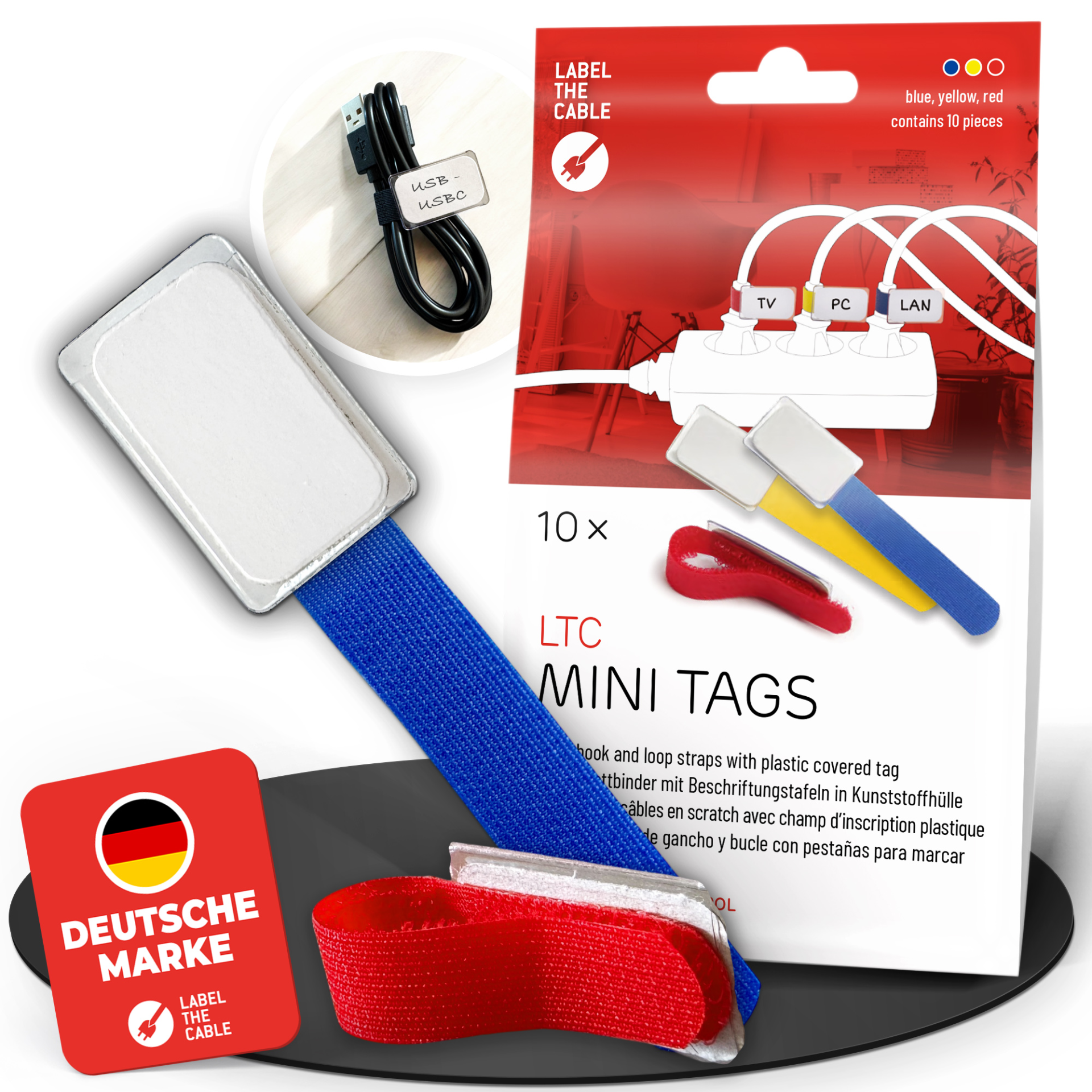 LTC MINI TAGS Kleine Klettkabelbinder m. Beschriftungstafeln 10 Stk Set ge/bl/rt