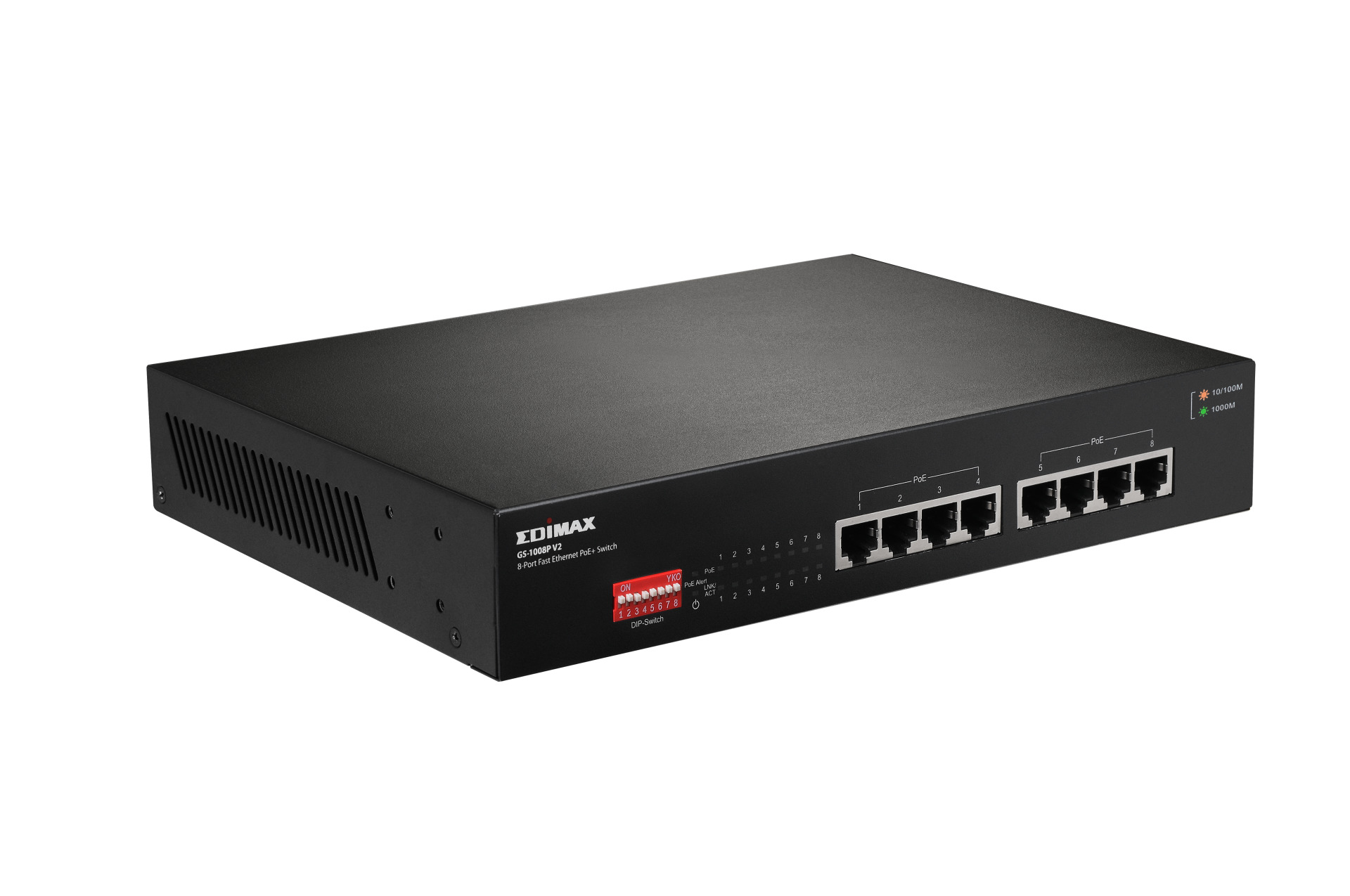 Gigabit Ethernet 8-Port Switch 8x PoE+ Ports, DIP Switch 130W fanless